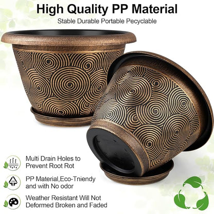 Fodetyff 12 Inch Large Planter Pot for Plants Indoor Outdoor, 4 Pack Plastic Flower Pots with Drainage Hole & Tray, Modern Decorative Garden Pot with Saucer, Plant Container for House