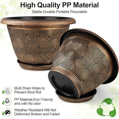 Fodetyff 8 Inch Flower Pots Planters for Indoor Outdoor Plants, 4 Pack Plastic Small Plant Pots with Drainage Hole & Tray, Modern Decorative Garden Pot with Saucer, Plant Container for House
