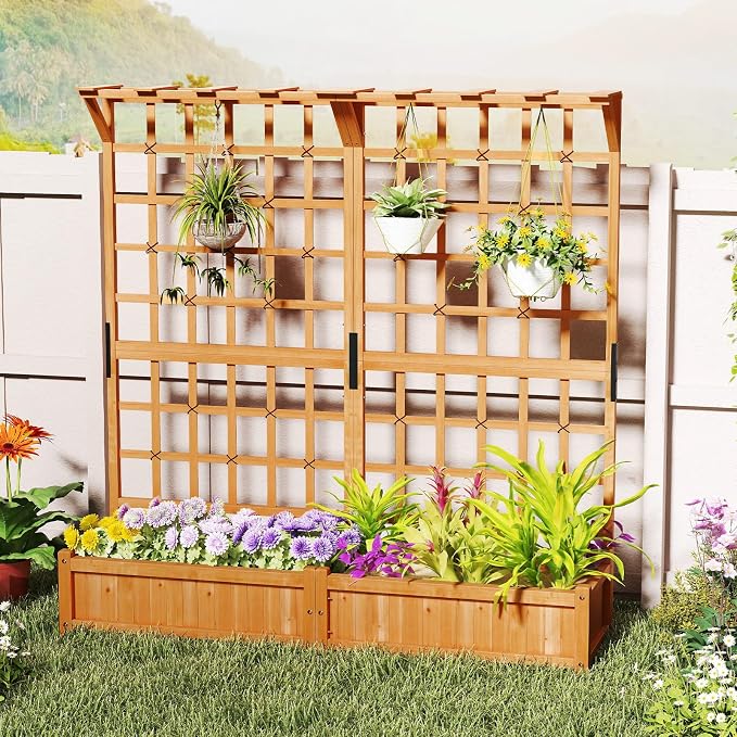72" Raised Garden Bed with Lattice Trellis, Hanging Roof & Drainage Holes, Elevated Wooden Planter Box for Vine Climbing Plant, Flower, Herb & Vegetable