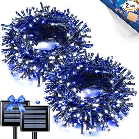JMEXSUSS 2 Pack Solar Christmas Lights, Total 66 FT 200 LED, Blue and White | Outdoor Waterproof, 8 Modes Solar String Lights for Outside Patio Christmas Tree Garden Yard Xmas Decorations