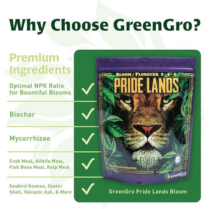 GreenGro Pride Lands Bloom 2-5.5-5.5 | Organic Dry Top Dress Bloom Fertilizer | Microbes + Biochar + Mycorrhizae | No Fillers | Higher Terpenes & Bigger Flowers | CDFA Approved | 5 lb