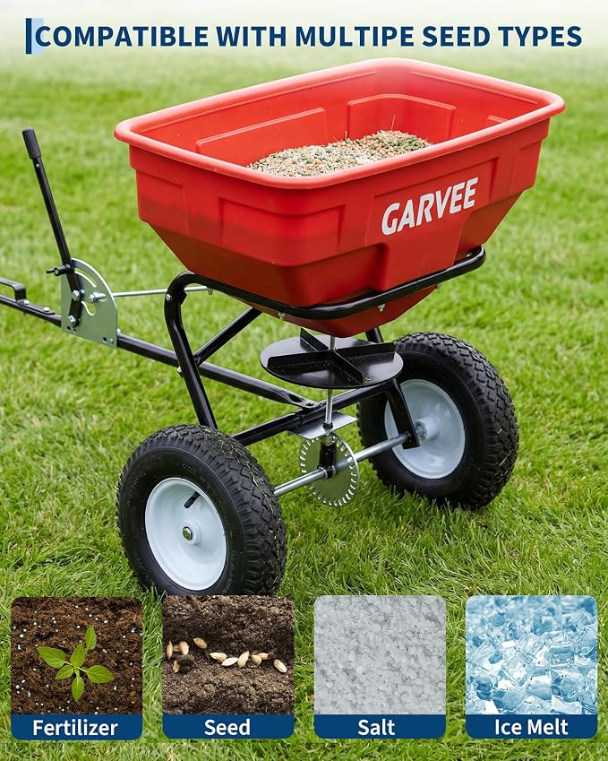 Tow Behind Broadcast Spreader, 125 LBS Large Capacity Universal Hook Tow & Push Lawn Spreader, 9.8 ft Spreading Width 30 Adjustable Settings, Compatible with UTV ATV Riding Mower & Most Tractors