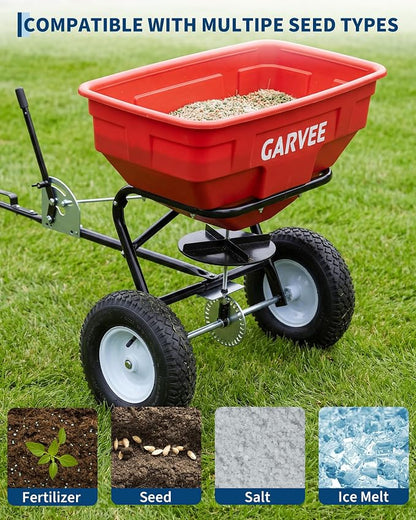 Tow Behind Broadcast Spreader, 125 LBS Large Capacity Universal Hook Tow & Push Lawn Spreader, 9.8 ft Spreading Width 30 Adjustable Settings, Compatible with UTV ATV Riding Mower & Most Tractors