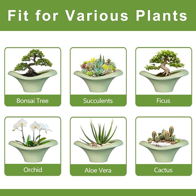 Ceramic Bonsai Pots - Large Succulent Planter 13 Inch Plant Pot Indoor Succulent Pot with Drainage Hole Outdoor Planter Bonsai Tree Pot for House Home Garden Office Decor Green