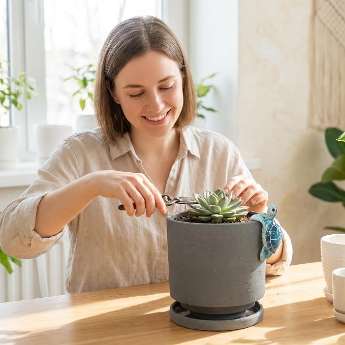Nihow Ceramic Plant Pot with Cute Resin Figure for Idoor Plants, 5.75 Inch | Drainage Hole and Saucer, Indoor Use, Home Garden Patio Office