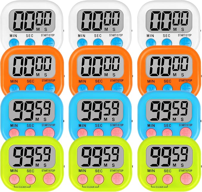 Lasubst Digital Classroom Timers for Teachers Kids School Supplies Bulk with Magnetic Back 12 Pack, White Orange Blue Green