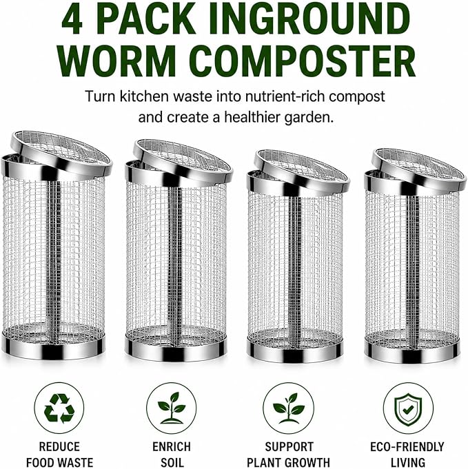 4PCS Inground Worm Composting Bin Turn Food Waste into Nutrient-Rich Soil Increase Soil Fertility Stainless Steel Composting Bin with Holes and Lid for Outdoor Garden Vegetable Patch Backyard