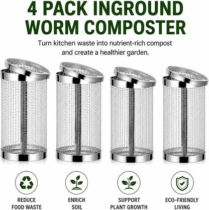 4PCS Inground Worm Composting Bin Turn Food Waste into Nutrient-Rich Soil Increase Soil Fertility Stainless Steel Composting Bin with Holes and Lid for Outdoor Garden Vegetable Patch Backyard
