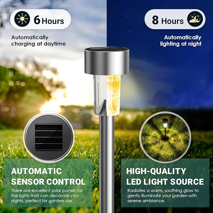 GIGALUMI Solar Lights Outdoor Waterproof, 12 Pack, Stainless Steel LED Solar Garden Lights for Patio, Lawn, Yard and Landscape, Garden Decor Patio Decor,Warm White