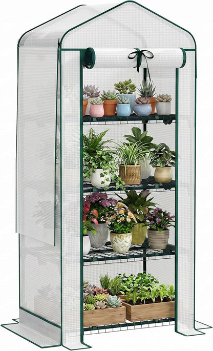 Outsunny 4 Tier Mini Greenhouse with Screen Roof, 27.6" x 19.7" x 62.2", Portable Small Greenhouse with High Strength PE Cover, Roll-Up Zipper Door for Garden Yard Backyard, White