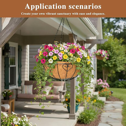 4 Pack Hanging Planter for Outdoor Plants 16 inch Metal Hanging Flower Basket with Coco Coir Liner Round Wire Plant Holder Chain Flower Pots Outdoor Garden Decoration Watering Hanging Baskets（AX）