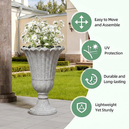 23.6" Tall Plastic Urn Planters for Outdoor Plants with Drainage Holes & Petal Design, Set of 2 Heavy-Duty Classic Indoor Large Flower Pots, Outdoor Planters for Porch/Home/Garden, Gray
