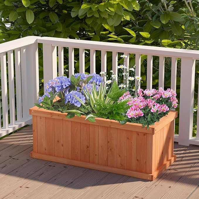 LDAILY Raised Garden Bed, Outdoor Rectangle Flower Beds with 4 Detachable Bottom Panels & Drainage Holes, Wood Planter Box for Flowers/Vegetables/Herbs in Backyard Patio