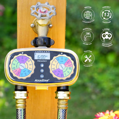 AQUASTAR Two-Zone Hose Watering Timer (Yellow), Automatic Irrigation for Lawn, Garden, Yard, Two Outlets