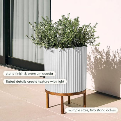 Veradek Demi Series Round Planter w/Stand for Porch/Patio | Durable Plastic-Stone Composite & Wooden Stand | Modern Décor for Tall Plants, Flowers