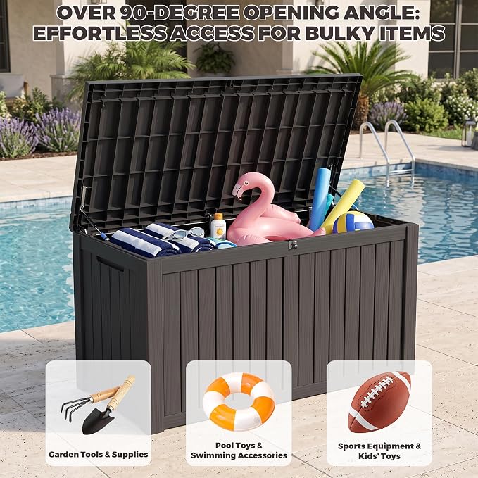 Outdoor Storage Box, 180 Gallon Waterproof Deck Box [Upgraded 3.1], Large Resin Storage with Hydraulic Gas Lifts for Cushions, Lawn Mower Tools Chest Bench, Large Backyard, Black
