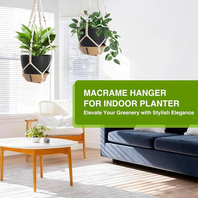 LEWESU Set of 2 Hanging Planters for Indoor Plants with Self Watering Includes Hanging Pots and 2 Types Plant Hangers, Outdoor Hanging Baskets Holder for Home Garden, 10 Inch Midnight Black