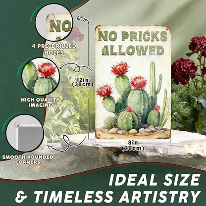 PEACHGARDEN Cactus Deocr Garden Signs No Pricks Allowed Southwestern Metal Tin Sign Cactus Wall Art Decor for Outdoor Garden Yard Greenhouse 8x12 inch