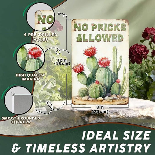 PEACHGARDEN Cactus Deocr Garden Signs No Pricks Allowed Southwestern Metal Tin Sign Cactus Wall Art Decor for Outdoor Garden Yard Greenhouse 8x12 inch
