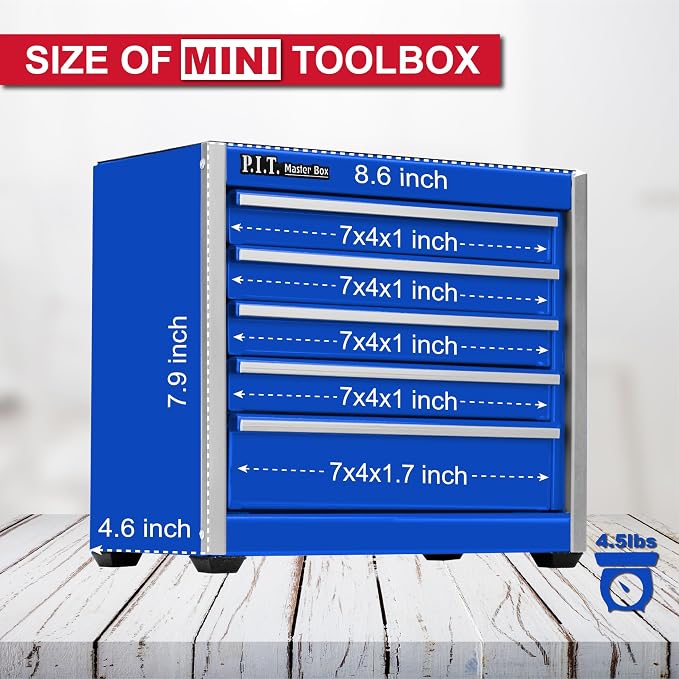 P.I.T. Mini Steel Tool Box,3 Drawer and 5 Drawer Stackable Toolbox with Magnetic Tab Locking,Blue