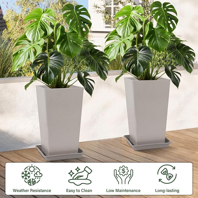 Neoaider Set of 2 Tall Planter, 21 inch Large Plastic Planter, Light Gray | Ceramic-Look, Lightweight, Built-in Drain Hole, Saucers, Tall Outdoor Planter for Porch, Garden, Patio, Balcony