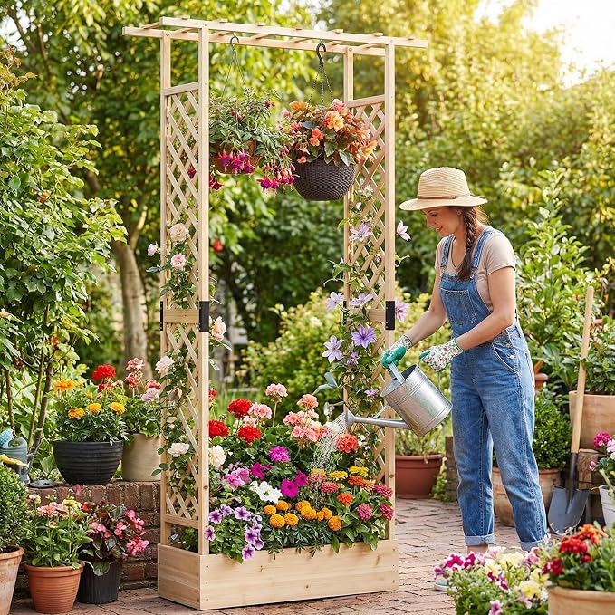 Giantex Wooden Raised Garden Bed with Trellis & Hanging Roof, Fir Wood Planter Box, 89” Freestanding Elevated Garden Bed for Outdoor Climbing Plants Vegetables Flowers, Patio & Balcony, Natural