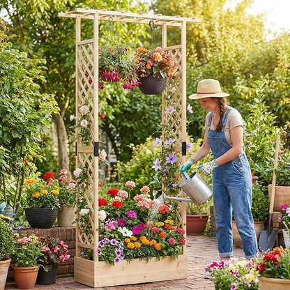 Giantex Wooden Raised Garden Bed with Trellis & Hanging Roof, Fir Wood Planter Box, 89” Freestanding Elevated Garden Bed for Outdoor Climbing Plants Vegetables Flowers, Patio & Balcony, Natural