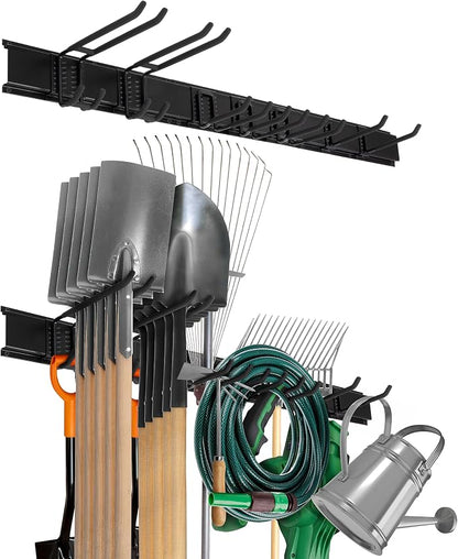 Precision Defined Garage Shovel And Rake Tool Organizer 48" 330lbs Capacity | Wall Mount Garden Tool Organizer, Garage Storage Rack, And Shed Organizer With Adjustable Hooks For Versatile Storage Options
