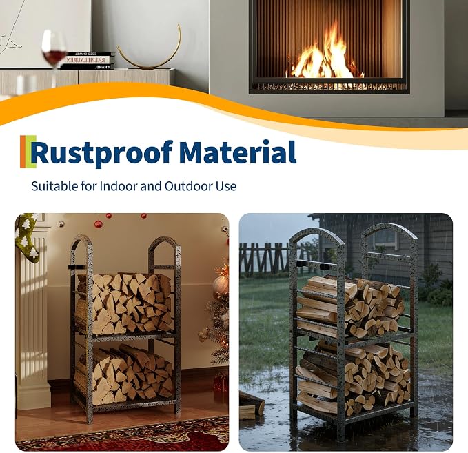 GarveeLife 30 Inch Firewood Rack Outdoor Indoor, High Outdoor Wood Racks for Firewood, Fire Wood Storage with Kindling Hooks, Large Metal Fireplace Log Rack Storage Carrier Organizer, Sliver