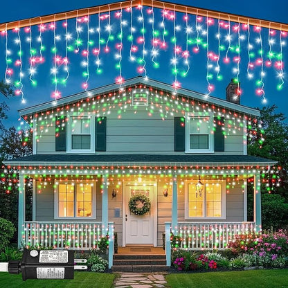 66ft Icicle Lights for Outside, Red White and Green Christmas Lights Outdoor Indoor, 640 LED Twinkle String Light with 120 Drops, Clear Wire Connectable Timer for Thanksgiving Room Home Wall Bedroom