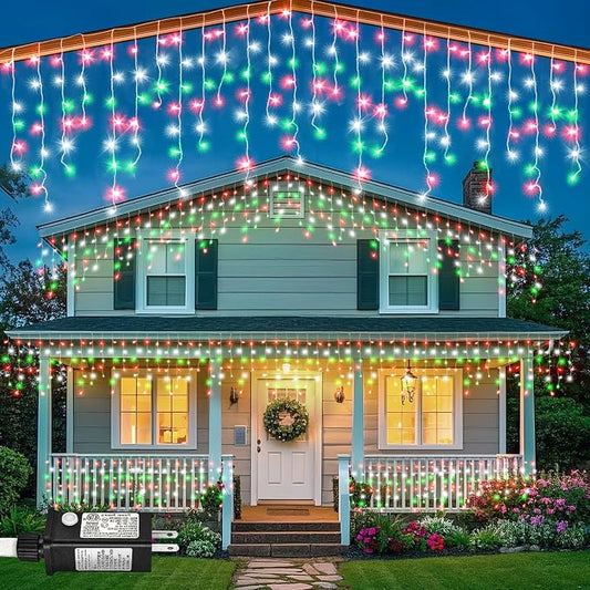 66ft Icicle Lights for Outside, Red White and Green Christmas Lights Outdoor Indoor, 640 LED Twinkle String Light with 120 Drops, Clear Wire Connectable Timer for Thanksgiving Room Home Wall Bedroom