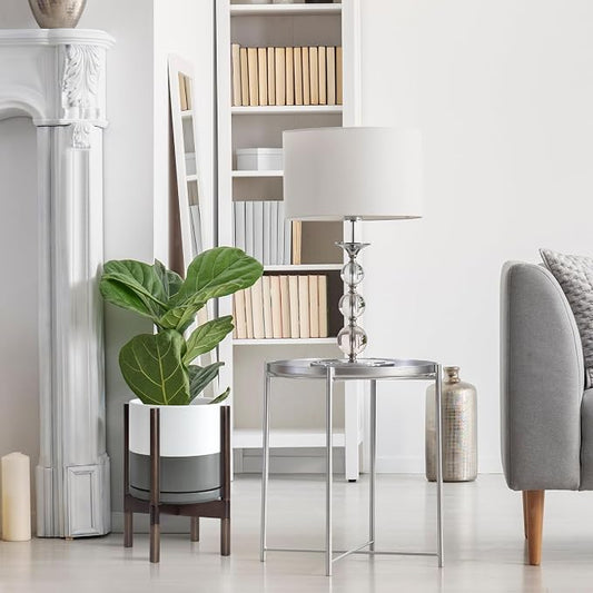 D'vine Dev Ceramic Planter with Walnut Color Stand - 10 Inch Modern Round Flower Pot with Wood Planter Holder, White/Grey, 55-B-X-6