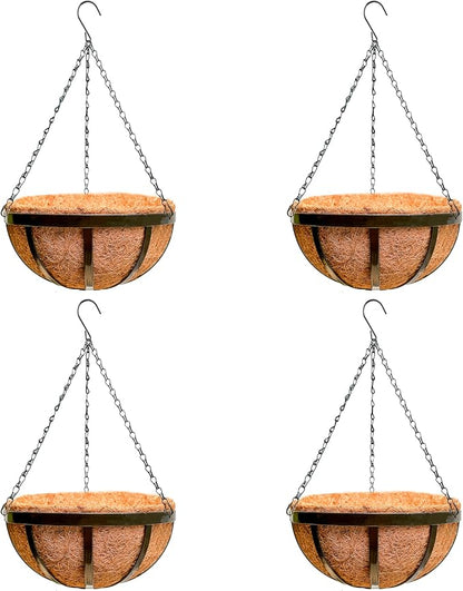 LaLaGreen Outdoor Hanging Baskets for Plants (14 Inch, 4 Pack) Large Hanging Planter with Coco Liner, Round Plant Flat Iron Metal Flower Pots for Deck Patio Porch Garden Balcony Outside Decoration