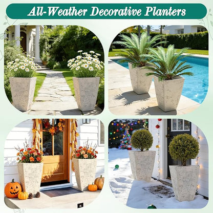 2-Pack 19" Country White Resin Square Planters with Drainage Hole | Set of 2 resin planters with weathered stone texture, drainage plugs, and UV-resistant finish for porch, patio, or indoors