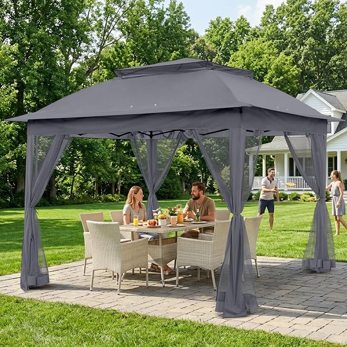COOS BAY 11x11 Pop Up Gazebo with Mesh Netting, Instant Outdoor Canopy Tent, Water Resistant Shelter with UPF 50+ UV Protection, 121 Sq Ft Coverage, Dark Gray