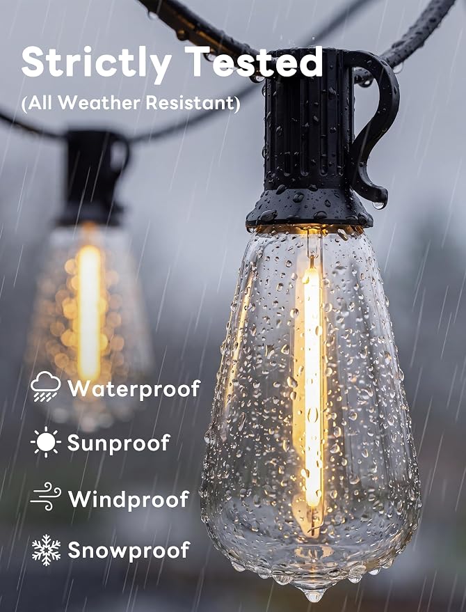 LED Outdoor String Lights 50FT Edison Lights with 27 ST38 Shatterproof Bulbs, Outside Hanging Lights Waterproof for Patio, Porch, Deck, Garden, Balcony, 2700K Warm White, Dimmable
