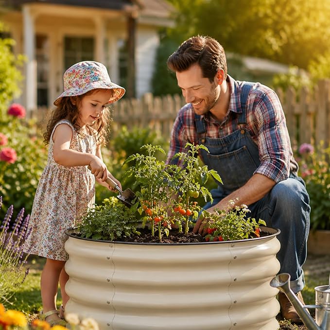 SnugNiture Raised Garden Bed, 2×2×1.5ft Round Galvanized Outdoor Planter Box, 17" Tall Deep Metal Garden Bed Kit for Planting Vegetables, Fruits, Flowers, White