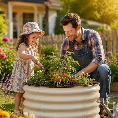 SnugNiture Raised Garden Bed, 2×2×1.5ft Round Galvanized Outdoor Planter Box, 17" Tall Deep Metal Garden Bed Kit for Planting Vegetables, Fruits, Flowers, White