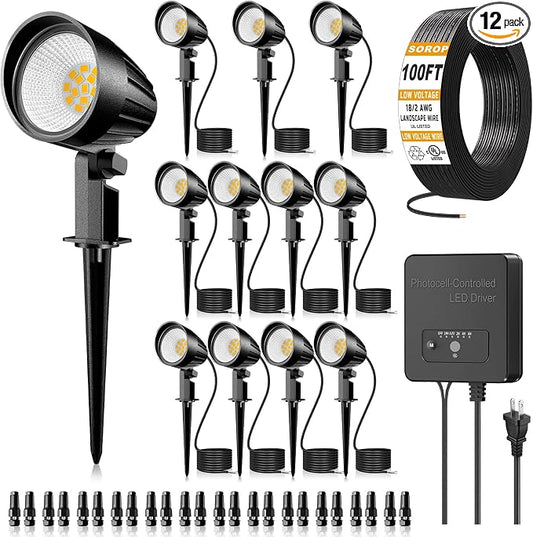 12W Landscape Lighting Kit, Low Voltage Landscape Lights with 150W Transformer 100FT UL-Listed Wire & Connectors, 2700K Waterproof Outdoor Spot Lights for Yard House Tree 12V-24V 12Pack