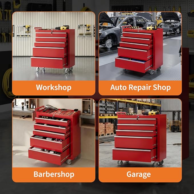 PeakPursuit 5-Drawers Rolling Tool Chest, Portable Tool Box with Wheels and Lock System, Secure Storage Cabinet for Warehouse, Workshop, and Repair Shop, Red