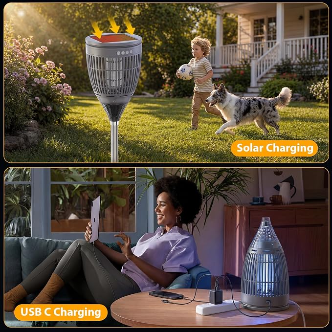 Rossetta Solar Bug Zapper Outdoor, Fly Zapper with Flame & Projector Light | 4200V Shock Grid, Solar & USB Charging, IPX5 Waterproof, Auto Mode, Cordless Electric Mosquito Killer for Patio, Garden