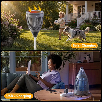 Rossetta Solar Bug Zapper Outdoor, Fly Zapper with Flame & Projector Light | 4200V Shock Grid, Solar & USB Charging, IPX5 Waterproof, Auto Mode, Cordless Electric Mosquito Killer for Patio, Garden
