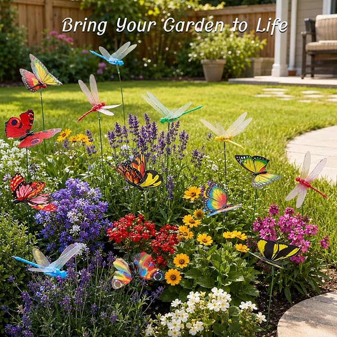 30PCS 3D Dragonfly Garden Stakes Butterfly Garden Stakes for Outdoor Decor | Waterproof Dragonfly Butterfly Decorative Garden Stakes for Flower Arrangements Outdoor Indoor Spring Garden Decor
