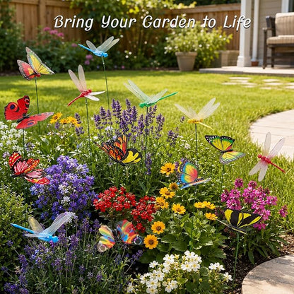 30PCS 3D Dragonfly Garden Stakes Butterfly Garden Stakes for Outdoor Decor | Waterproof Dragonfly Butterfly Decorative Garden Stakes for Flower Arrangements Outdoor Indoor Spring Garden Decor