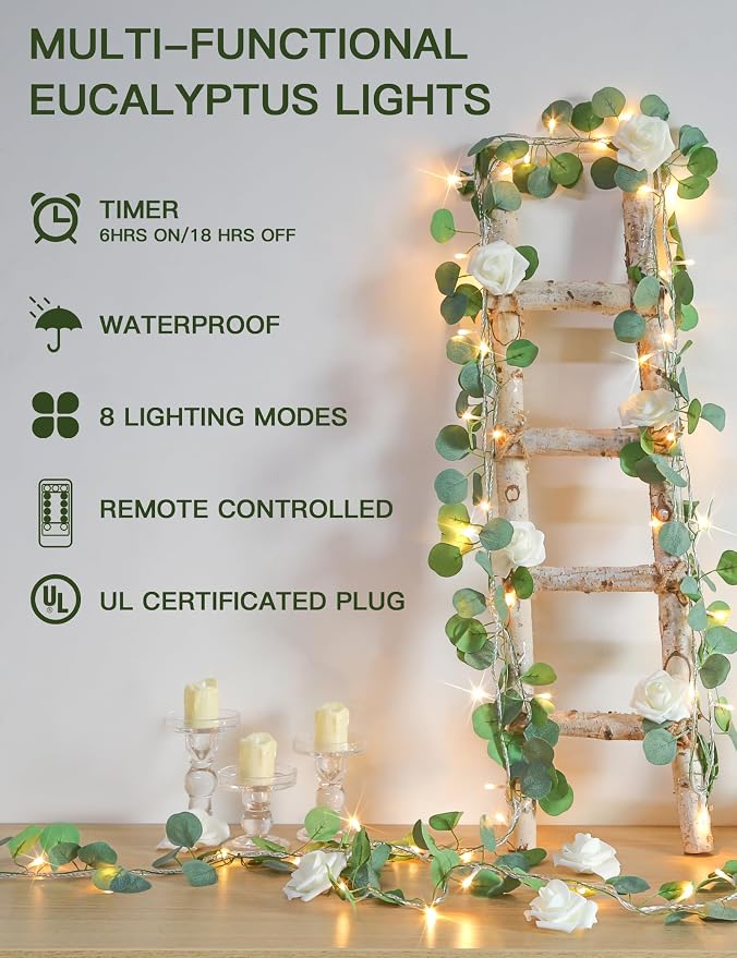 suddus Vines with Lights Plug in, 33ft 100 LED Eucalyptus Garland String Light Connectable with Remote, Leaf Lights for Bedroom, Room, Wall, Garden, Party, Wedding Dorm Decor (Warm White)