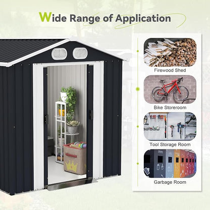 PVWIIK 8x6 ft Metal Outdoor Storage Shed with Windows & Air Vents, Lockable Waterproof All-Weather Utility Shed for Garden Tools & Trash Bins, Dark Gray