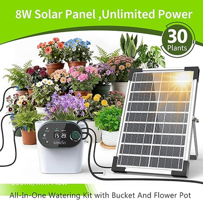 Solar Drip Irrigation System, 8W Powered Auto Watering Kit for 30 Pots, HD LED Display with 22 Timing Modes, Anti-Siphoning & IPX5 Waterproof, Suitable for Outdoor Garden, Balcony & Greenhouse