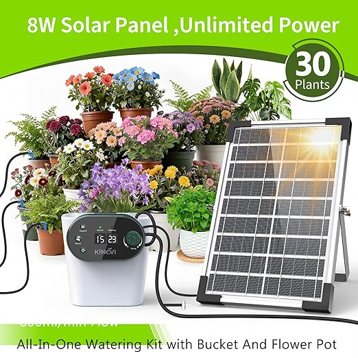 Solar Drip Irrigation System, 8W Powered Auto Watering Kit for 30 Pots, HD LED Display with 22 Timing Modes, Anti-Siphoning & IPX5 Waterproof, Suitable for Outdoor Garden, Balcony & Greenhouse