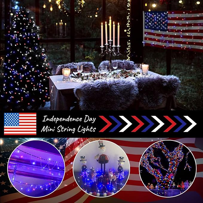 4th of July Patriotic Decorations, Red White Blue Solar Fairy String Lights Outdoor Waterproof, 2Pack Total 200LED 66Ft, IP67 8 Modes Outside for Memorial Day, Garden, Patio, Yard