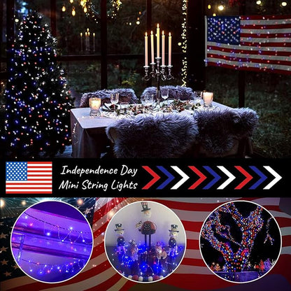 4th of July Patriotic Decorations, Red White Blue Solar Fairy String Lights Outdoor Waterproof, 2Pack Total 200LED 66Ft, IP67 8 Modes Outside for Memorial Day, Garden, Patio, Yard